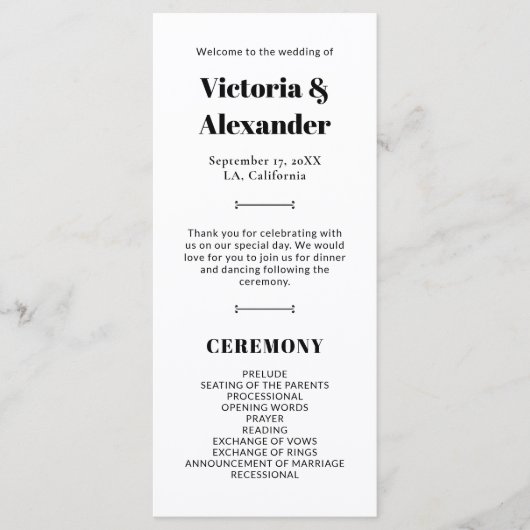 Elegante zwart-wit klassieke bruiloft programmakaart (Voorkant)