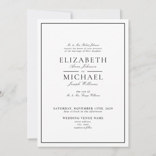 Elegante zwart-wit klassieke details bruiloft kaart (Voorkant)