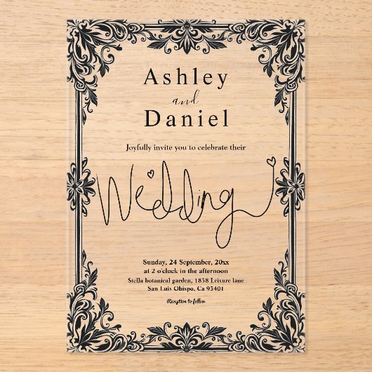 Elegante zwart-wit klassieke formele bruiloft acryl uitnodigingen (Voorkant)