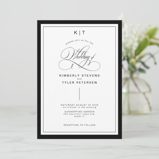 Elegante zwart-wit klassieke formele bruiloft kaart (Staand voorkant)