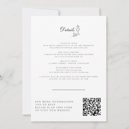 Elegante zwart-wit kuif Details & QR bruiloft Kaart (Achterkant)