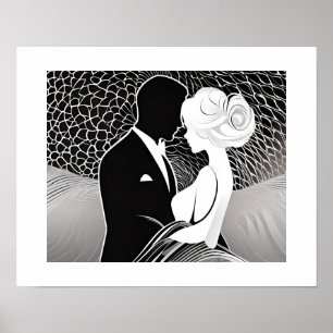 Elegante zwart-wit liefdevolle paar omarmen poster