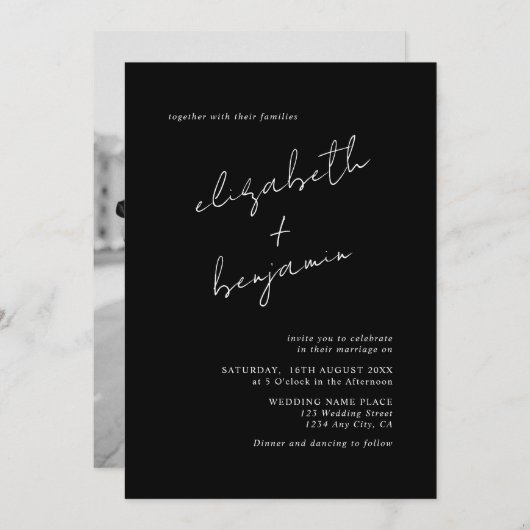 Elegante zwart-wit minimale foto bruiloft kaart (Voorkant / Achterkant)