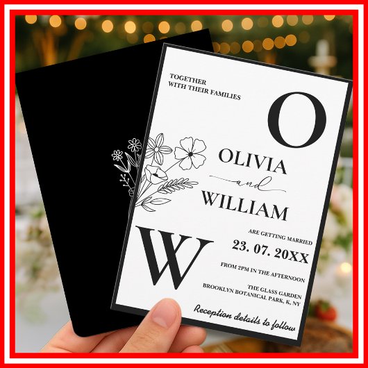 Elegante zwart-wit minimalistische bloemenbruiloft kaart