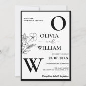 Elegante zwart-wit minimalistische bloemenbruiloft kaart (Voorkant)