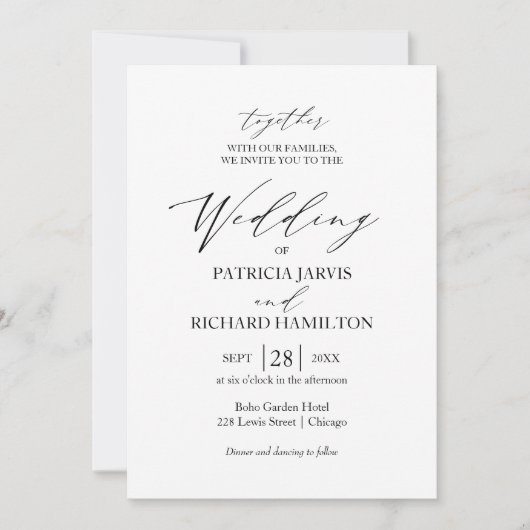 Elegante zwart-wit minimalistische bruiloft kaart (Voorkant)