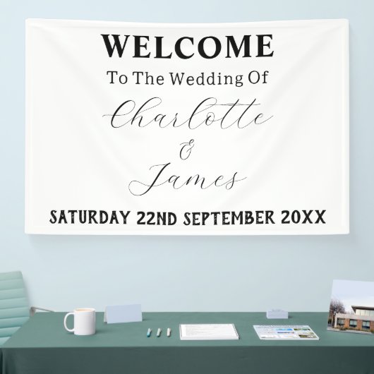 Elegante zwart-wit minimalistische bruiloft welkom spandoek (Beurs)