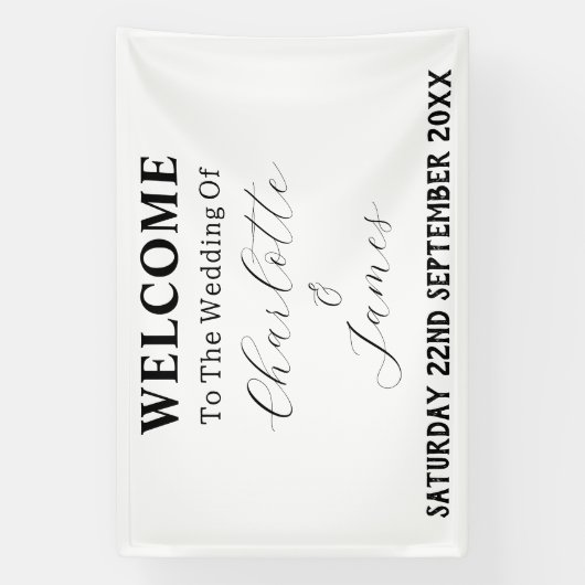 Elegante zwart-wit minimalistische bruiloft welkom spandoek (Verticaal)