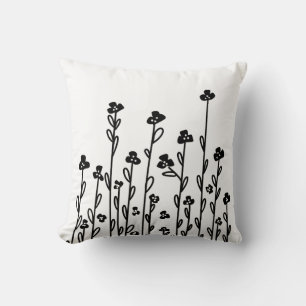 Elegante zwart-wit minimalistische doodle floral kussen