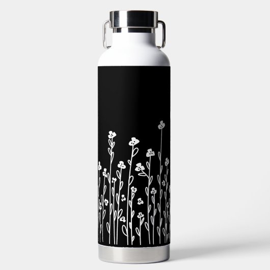 Elegante zwart-wit minimalistische doodle floral waterfles (Voorkant)