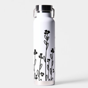 Elegante zwart-wit minimalistische doodle floral waterfles