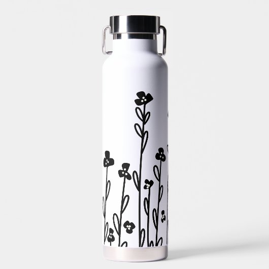 Elegante zwart-wit minimalistische doodle floral waterfles (Voorkant)