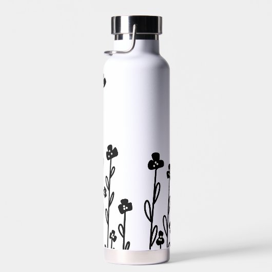 Elegante zwart-wit minimalistische doodle floral waterfles (Rechts)
