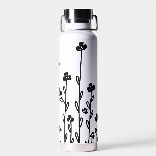 Elegante zwart-wit minimalistische doodle floral waterfles (Achterkant)