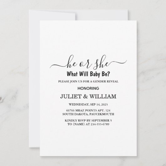 Elegante zwart-wit minimalistische genderonthullin kaart (Voorkant)