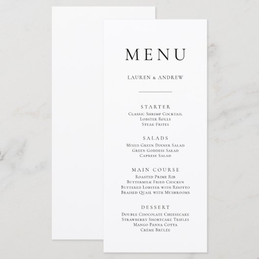 Elegante zwart-wit minimalistische I Flat Menu (Voorkant / Achterkant)
