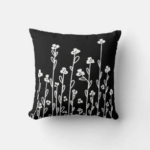 Elegante zwart-wit minimalistische krabbel bloemmo kussen