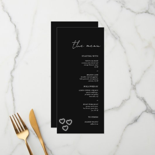 Elegante Zwart & Wit Minimalistische Trouwdag Menu (Voorkant / Achterkant in situ)