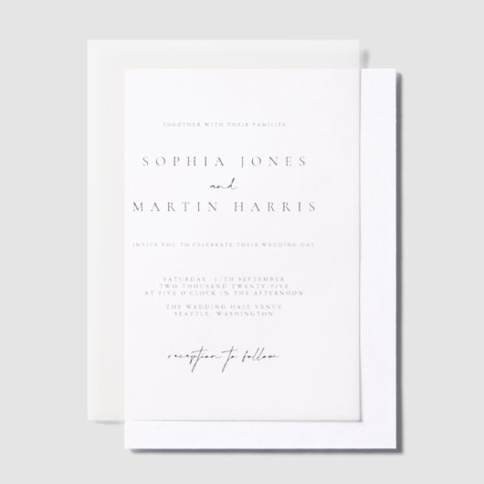 Elegante Zwart & Wit Minimalistische Trouwdag Vellum Uitnodigingen (Offset)