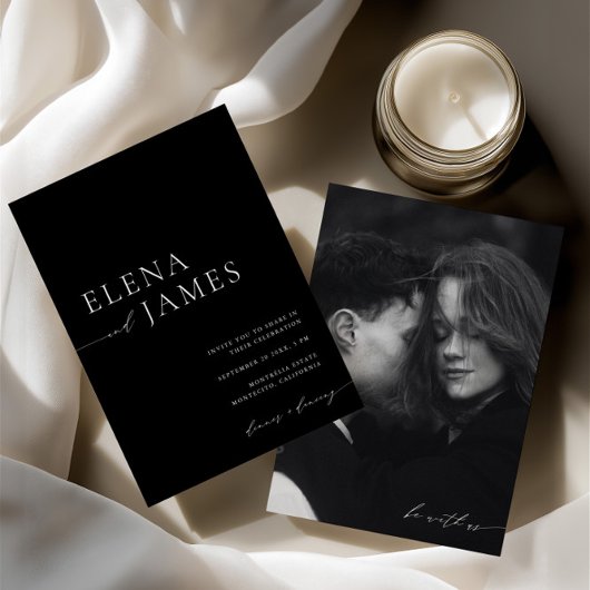 Elegante zwart-wit minimalistische trouwfoto kaart