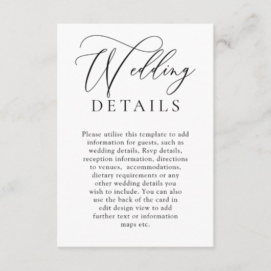 Elegante zwart-wit moderne bruiloft details informatiekaartje (Voorkant)