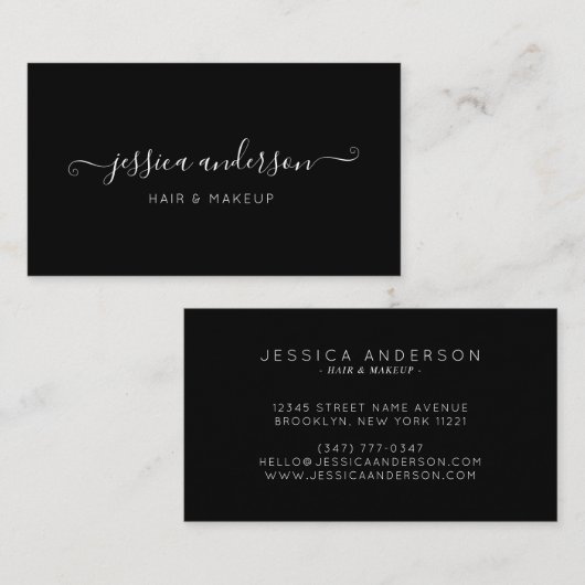 Elegante zwart wit moderne chique script kalligraf visitekaartje (Voorkant / Achterkant)