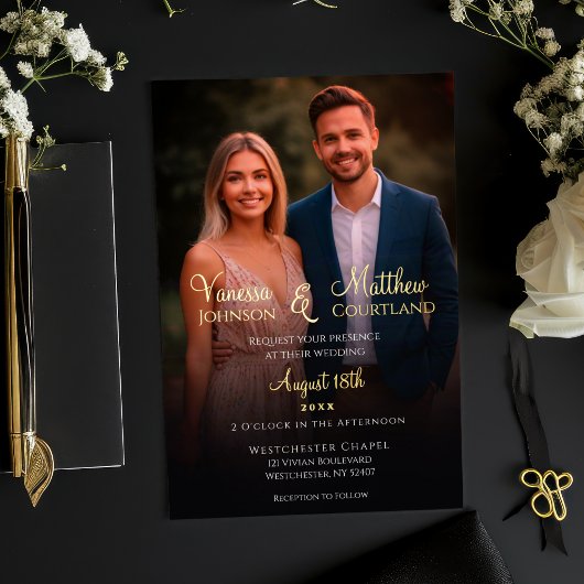 Elegante zwart-wit moderne fotohuwelijksgoud folie uitnodiging