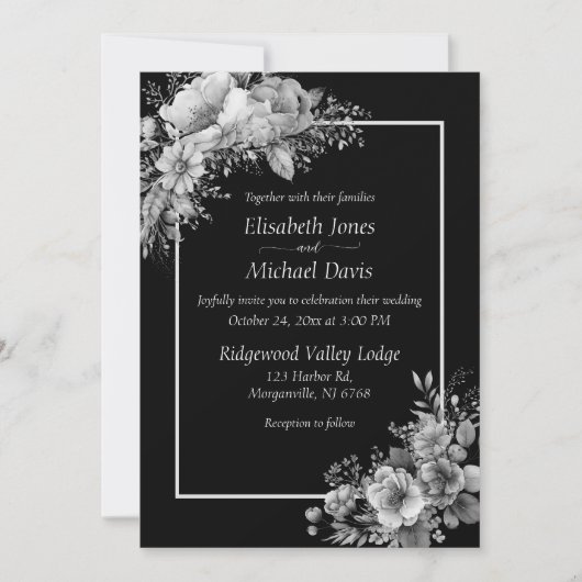 Elegante zwart-wit moderne gotische bruiloft kaart (Voorkant)