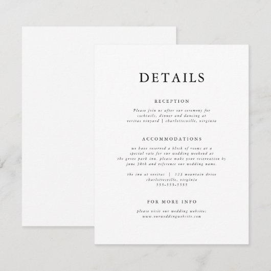 Elegante Zwart & Wit Moderne Klassieker Informatiekaartje (Voorkant / Achterkant)