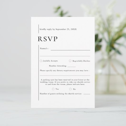 Elegante zwart-wit moderne typografie bruiloft RSVP kaartje (Staand voorkant)