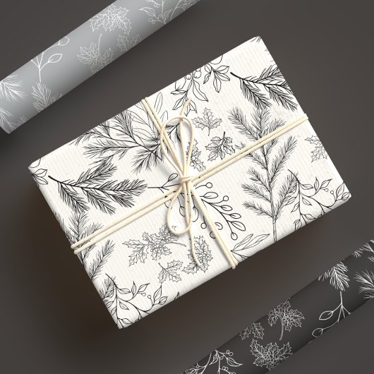 Elegante zwart-wit monochrome winter botanicals inpakpapier vel
