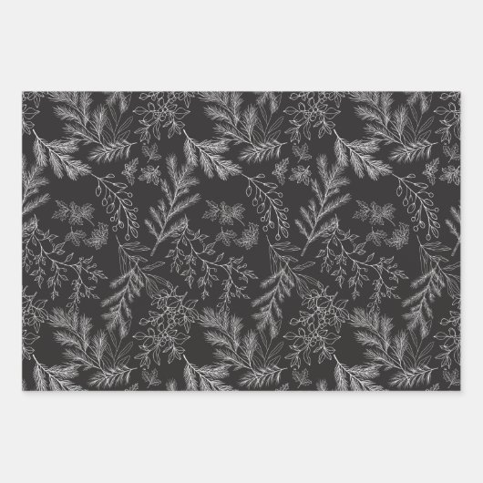 Elegante zwart-wit monochrome winter botanicals inpakpapier vel (Voorkant 2)