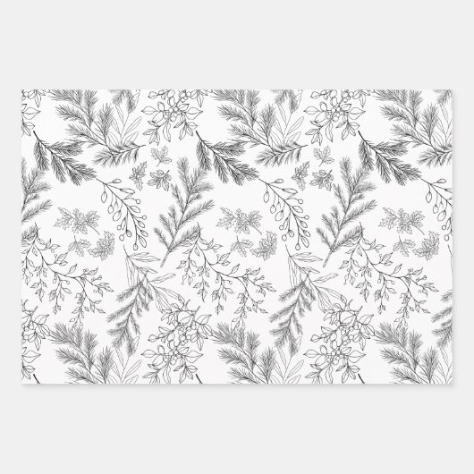 Elegante zwart-wit monochrome winter botanicals inpakpapier vel (Voorkant)