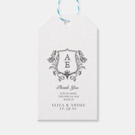 Elegante zwart-wit monogram blad kuif bruiloft cadeaulabel
