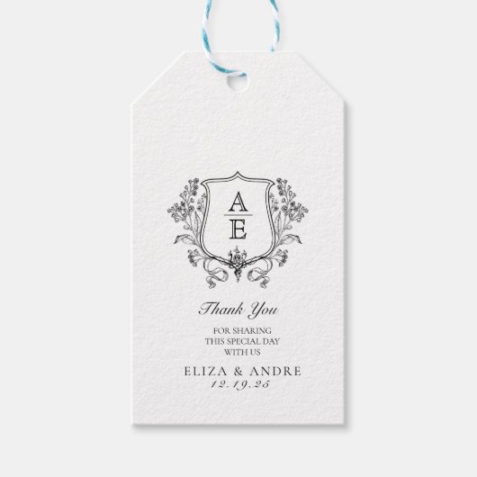Elegante zwart-wit monogram blad kuif bruiloft cadeaulabel (Voorkant)