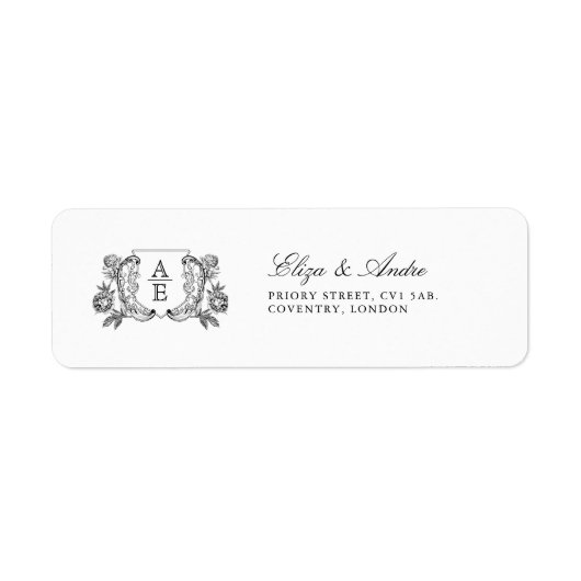 Elegante zwart-wit monogram blad kuif bruiloft etiket (Voorkant)