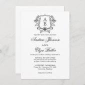 Elegante zwart-wit monogram blad kuif bruiloft kaart (Voorkant / Achterkant)