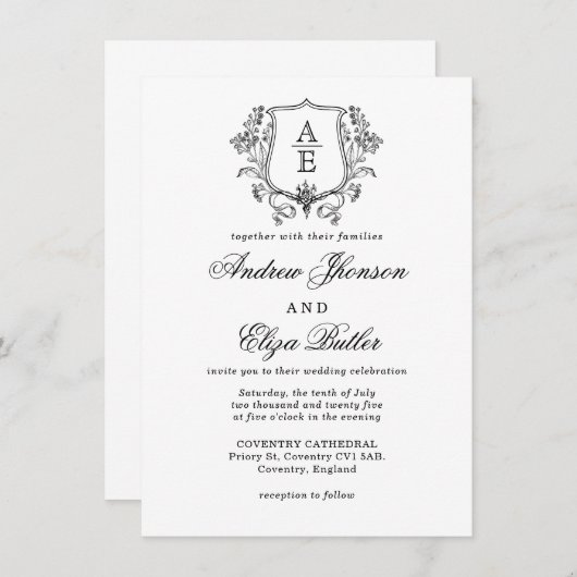 Elegante zwart-wit monogram blad kuif bruiloft kaart (Voorkant / Achterkant)