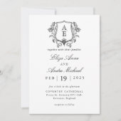 Elegante zwart-wit monogram blad kuif bruiloft kaart (Voorkant)