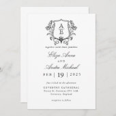 Elegante zwart-wit monogram blad kuif bruiloft kaart (Voorkant / Achterkant)