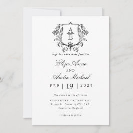 Elegante zwart-wit monogram blad kuif bruiloft kaart