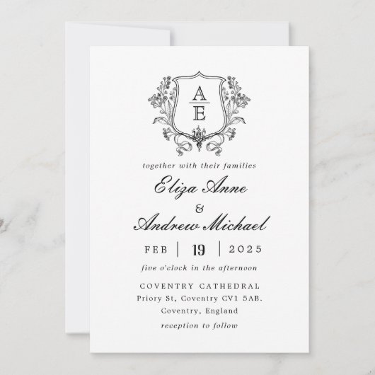 Elegante zwart-wit monogram blad kuif bruiloft kaart (Voorkant)