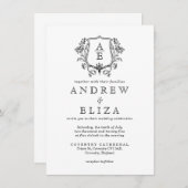 Elegante zwart-wit monogram blad kuif bruiloft kaart (Voorkant / Achterkant)