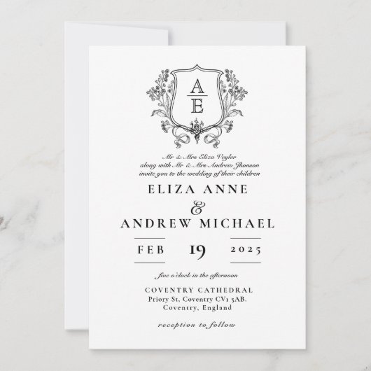 Elegante zwart-wit monogram blad kuif bruiloft kaart (Voorkant)