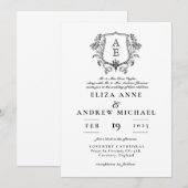 Elegante zwart-wit monogram blad kuif bruiloft kaart (Voorkant / Achterkant)