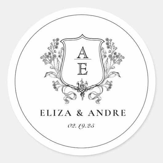 Elegante zwart-wit monogram blad kuif bruiloft ronde sticker (Voorkant)
