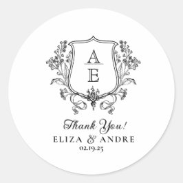 Elegante zwart-wit monogram blad kuif bruiloft ronde sticker