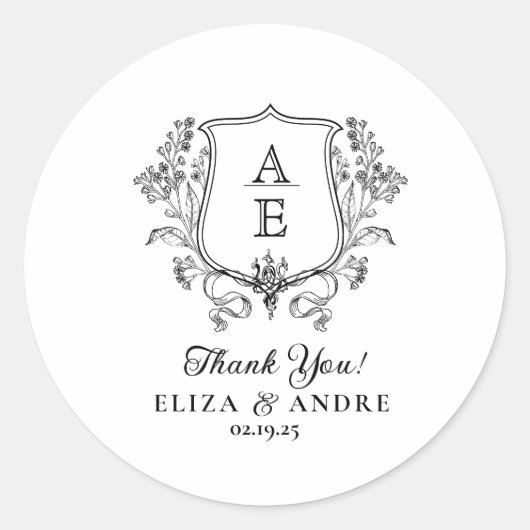 Elegante zwart-wit monogram blad kuif bruiloft ronde sticker (Voorkant)