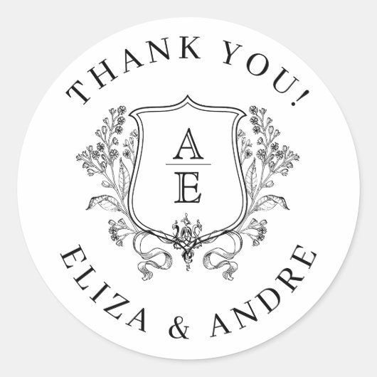 Elegante zwart-wit monogram blad kuif bruiloft ronde sticker (Voorkant)