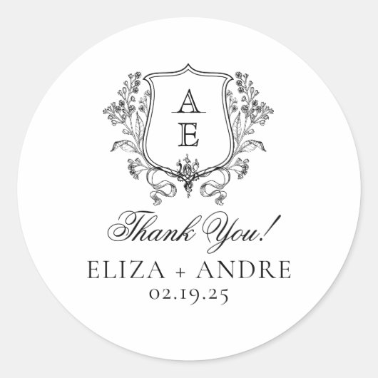 Elegante zwart-wit monogram blad wapen trouw ronde sticker (Voorkant)